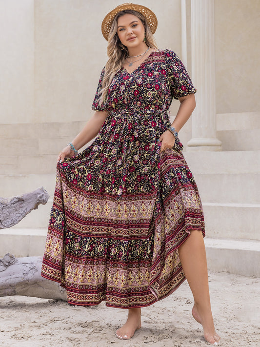 Plus Size Printed V-Neck Short Sleeve Maxi Dress