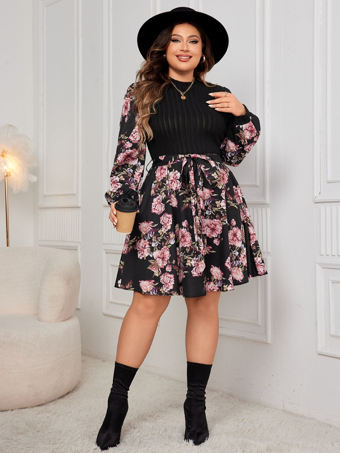 Honey Plus Size Tied Printed Long Sleeve Dress